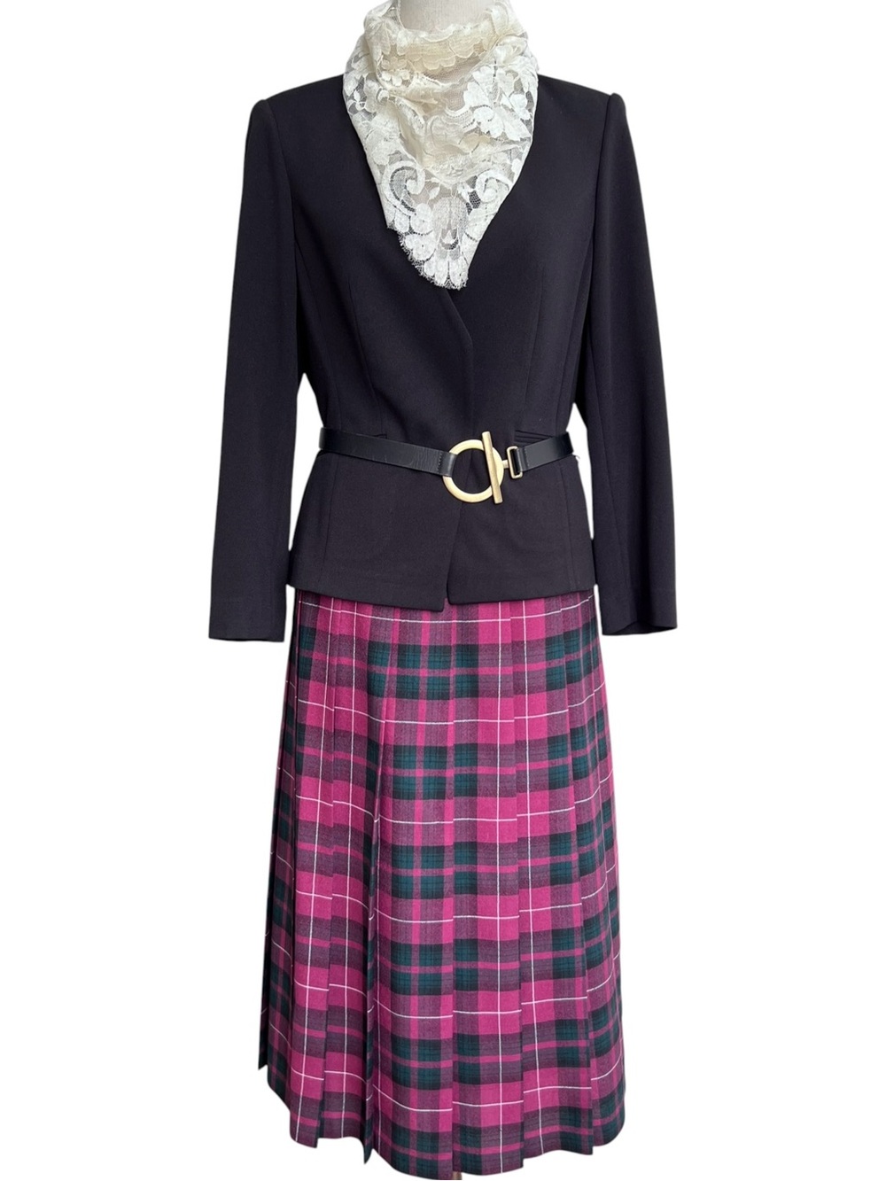 Deans of Scotland Wool Pleated Raspberry Tartan Plaid Midi Skirt Size 6